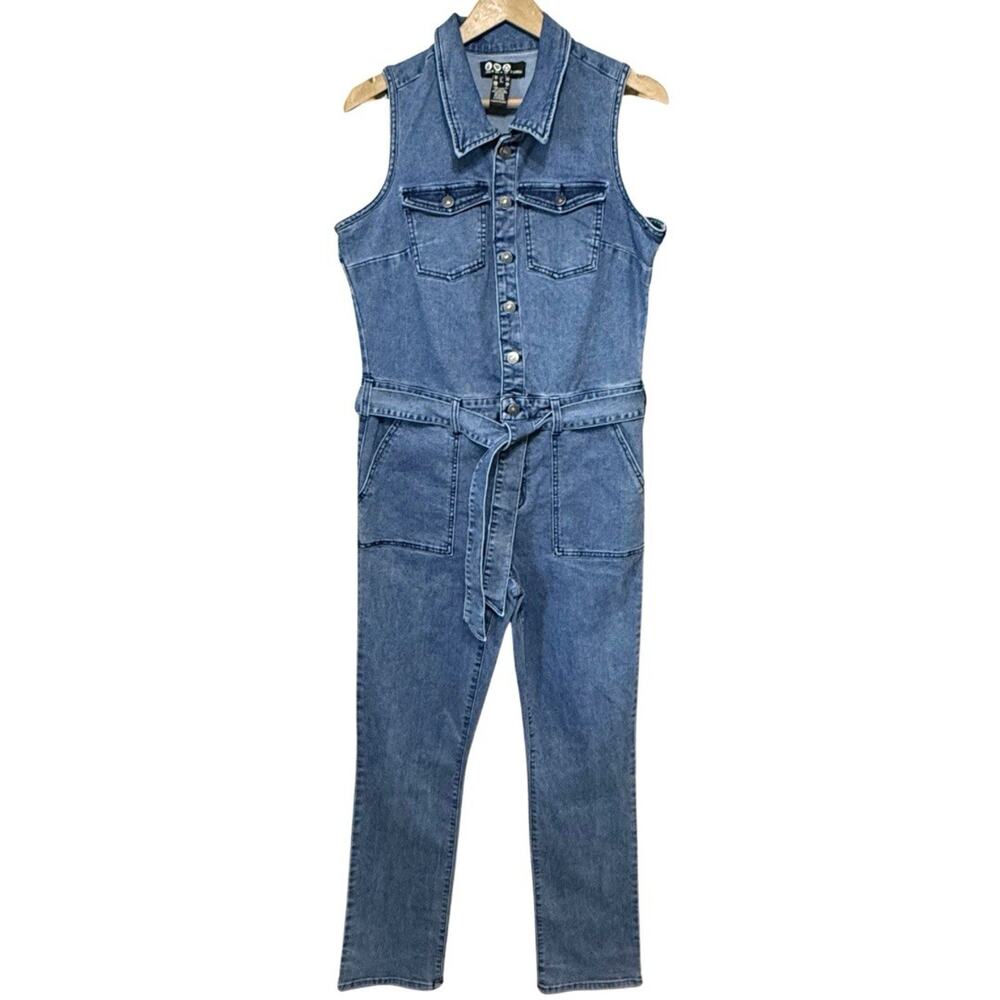 Rewash Button Front Denim Jumpsuit Junior’s L Medium Wash Sleeveless Belted NWT